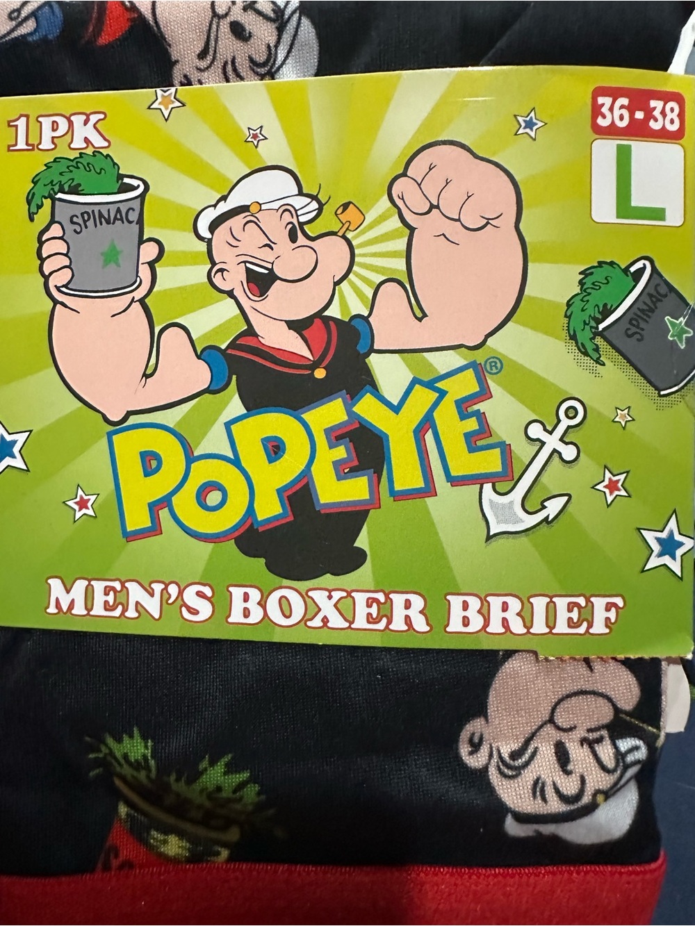 Popeye Men’s Black Boxer Briefs with Red Waistband